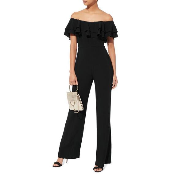 INTERMIX Mae Jumpsuit Size 2 Black Crepe Ruffle Off Shoulder Cocktail Party - Picture 1 of 13